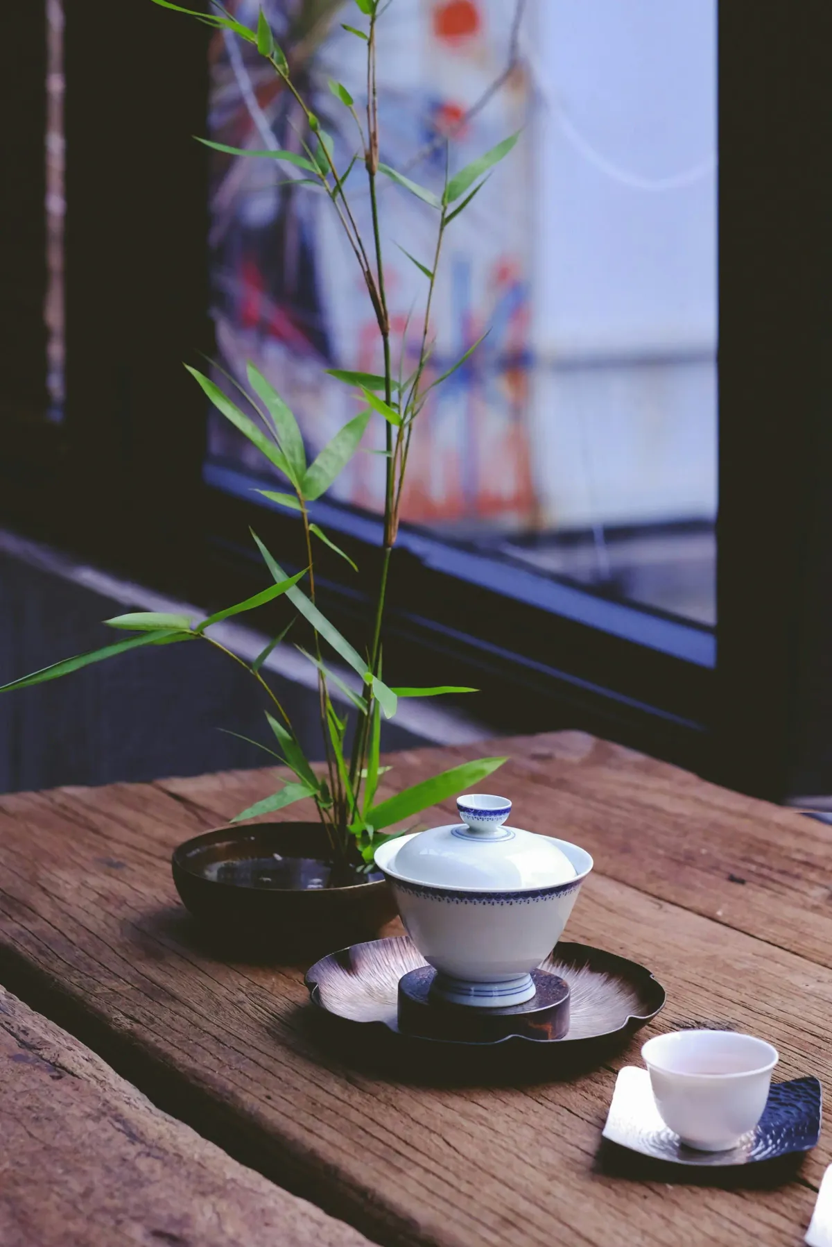 A plant beside a Japanese tea set and tea cup