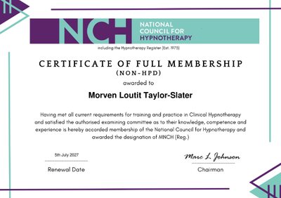 National Council for Hypnotherapy Certificate of Full Membership awarded to Morven Taylor-Slater, MNCH (Reg.)